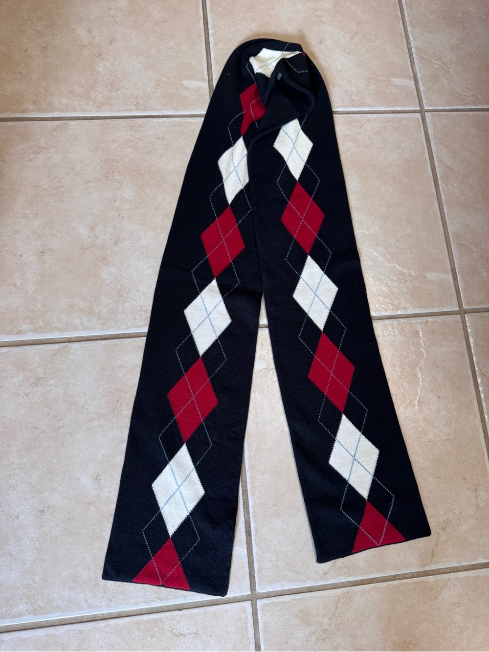 Talbots Black Argyle Knit Scarf with Red and White Diamonds